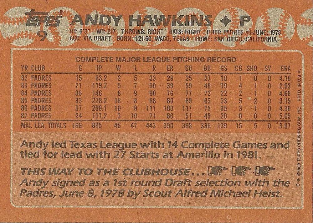Andy Hawkins  baseball card collectible - Main Image 2