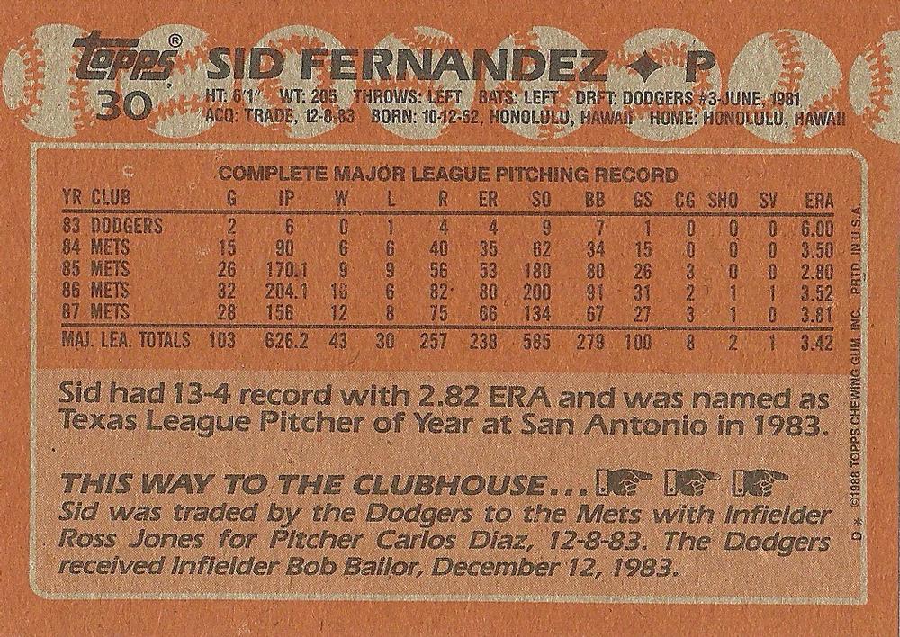 Sid Fernandez  baseball card collectible - Main Image 2