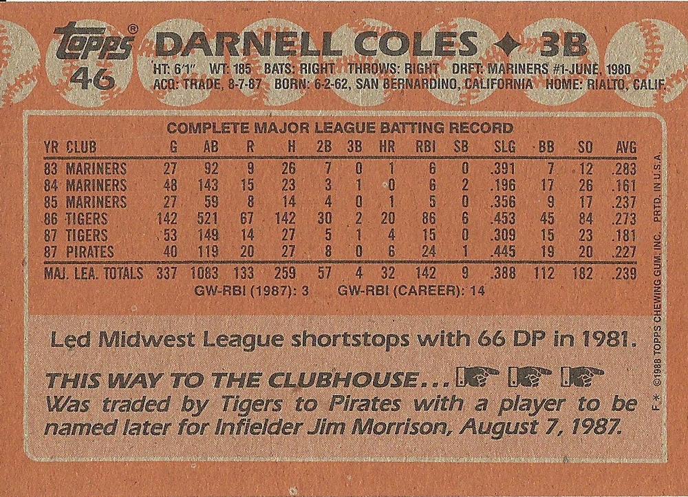 Darnell Coles  baseball card collectible - Main Image 2