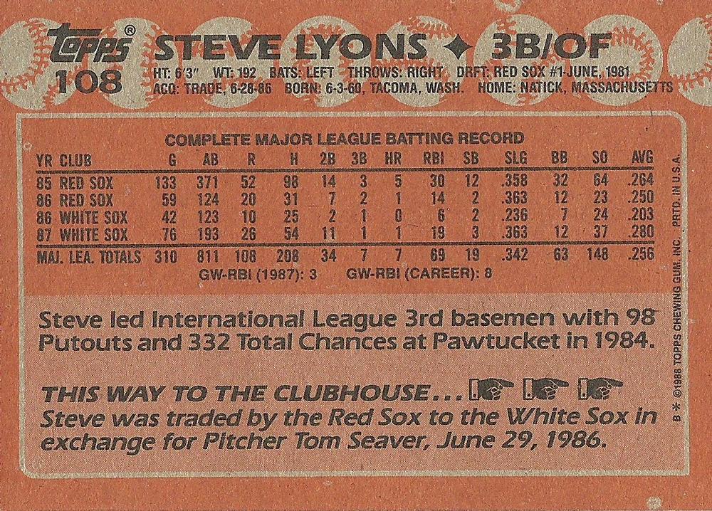 Steve Lyons  baseball card collectible - Main Image 2