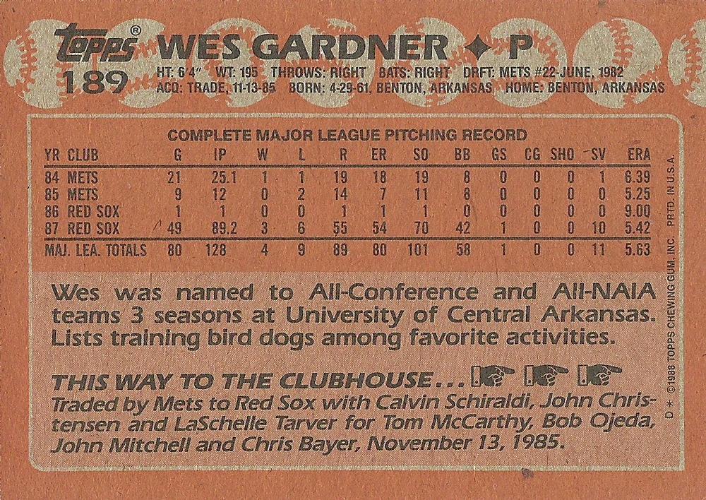 Wes Gardner  baseball card collectible - Main Image 2