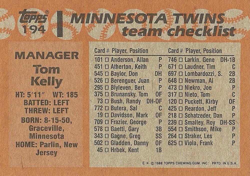 Tom Kelly  baseball card collectible - Main Image 2