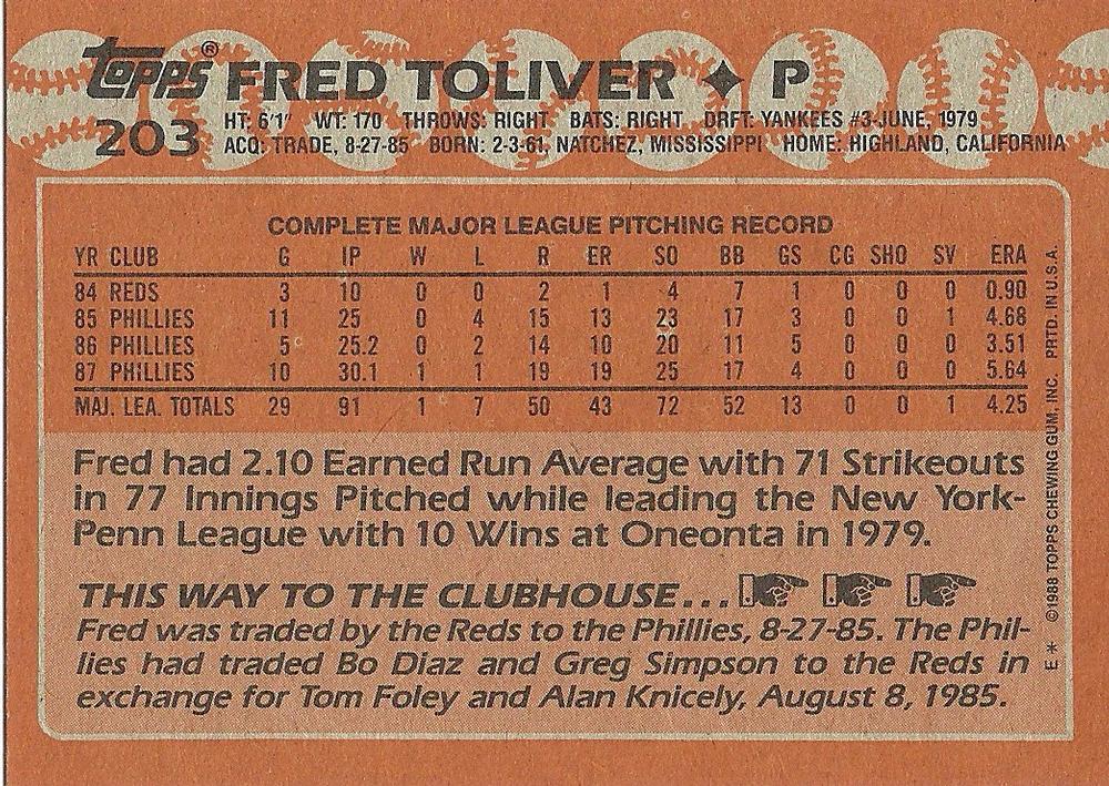 Fred Toliver  baseball card collectible - Main Image 2