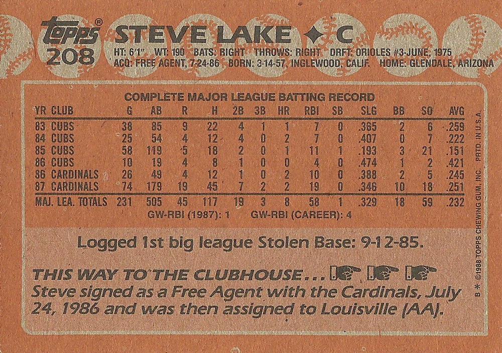 Steve Lake  baseball card collectible - Main Image 2