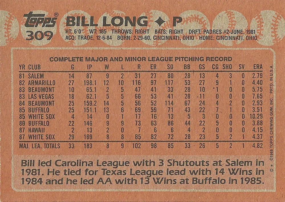 Bill Long  baseball card collectible - Main Image 2