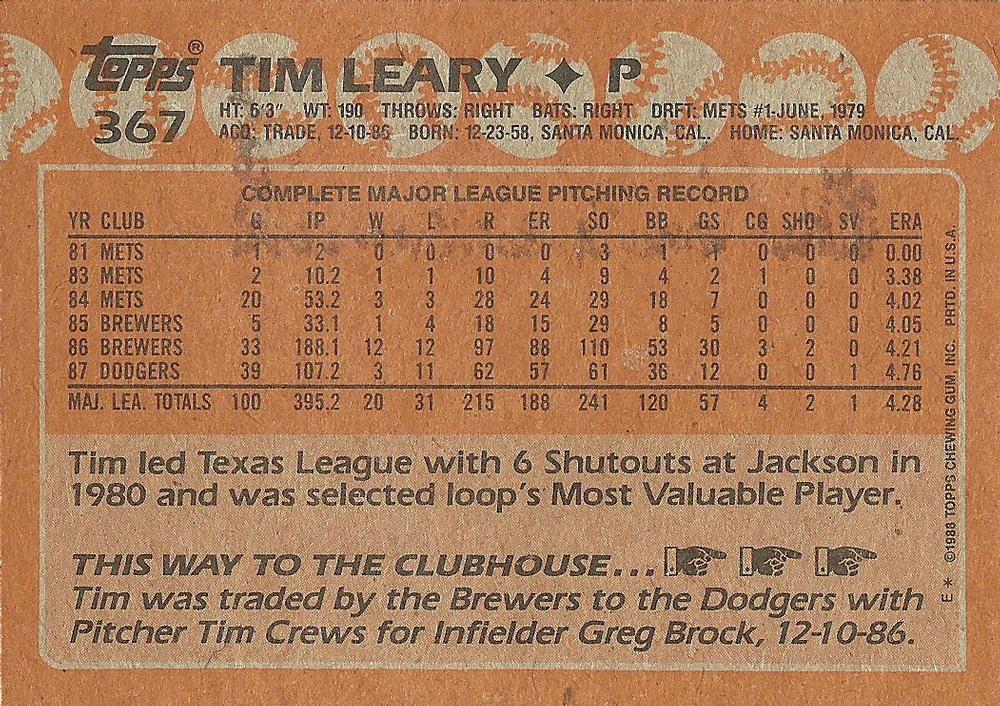 Tim Leary  baseball card collectible - Main Image 2
