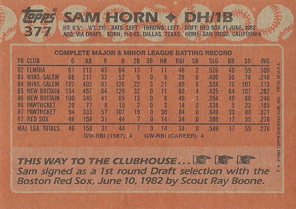 Sam Horn  baseball card collectible - Main Image 2