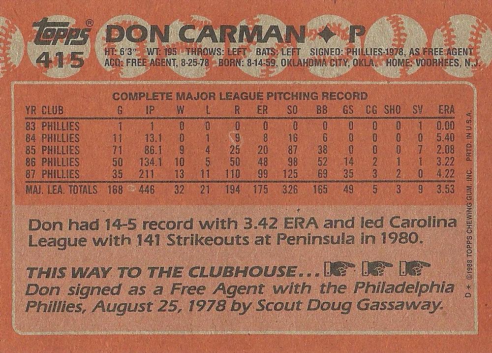 Don Carman  baseball card collectible - Main Image 2
