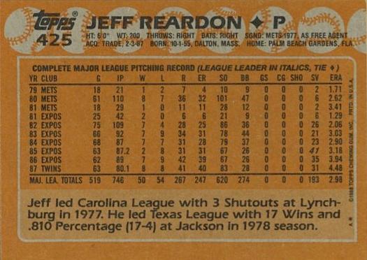 Jeff Reardon  baseball card collectible - Main Image 2