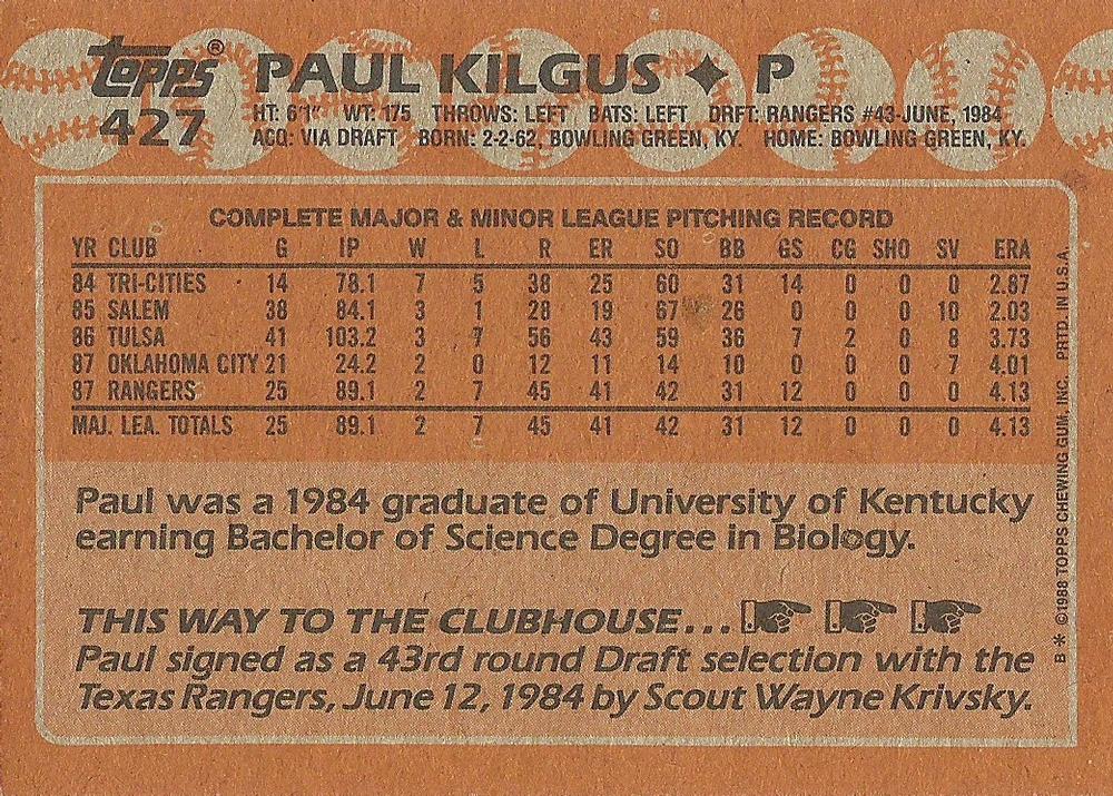 Paul Kilgus  baseball card collectible - Main Image 2
