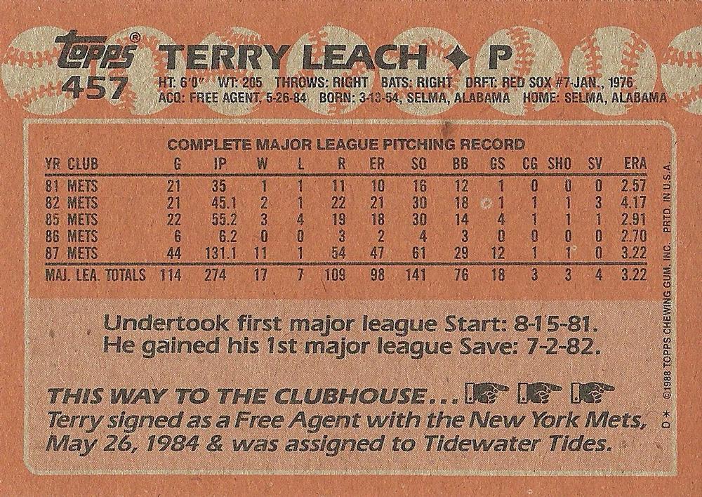 Terry Leach  baseball card collectible - Main Image 2
