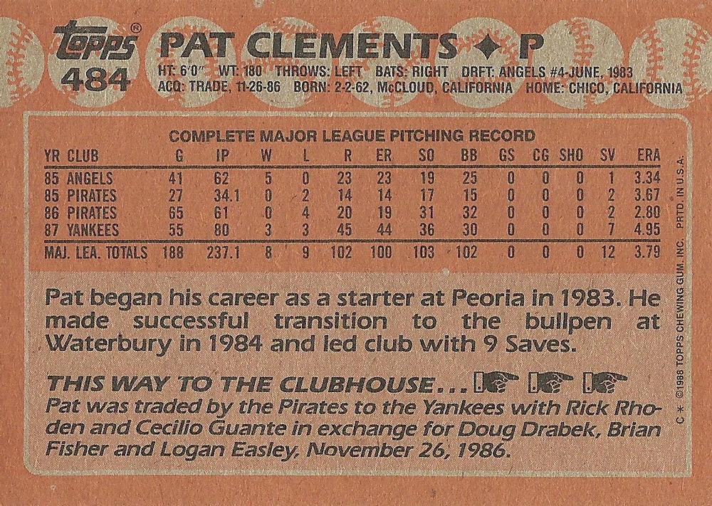 Pat Clements  baseball card collectible - Main Image 2