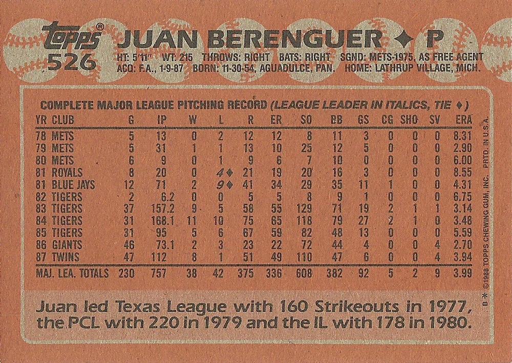 Juan Berenguer  baseball card collectible - Main Image 2