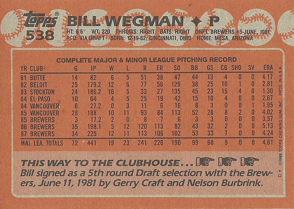 Bill Wegman  baseball card collectible - Main Image 2