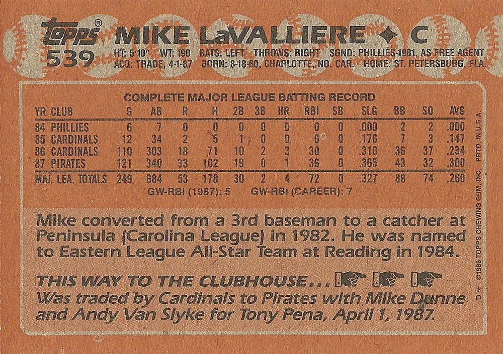 Mike LaValliere  baseball card collectible - Main Image 2