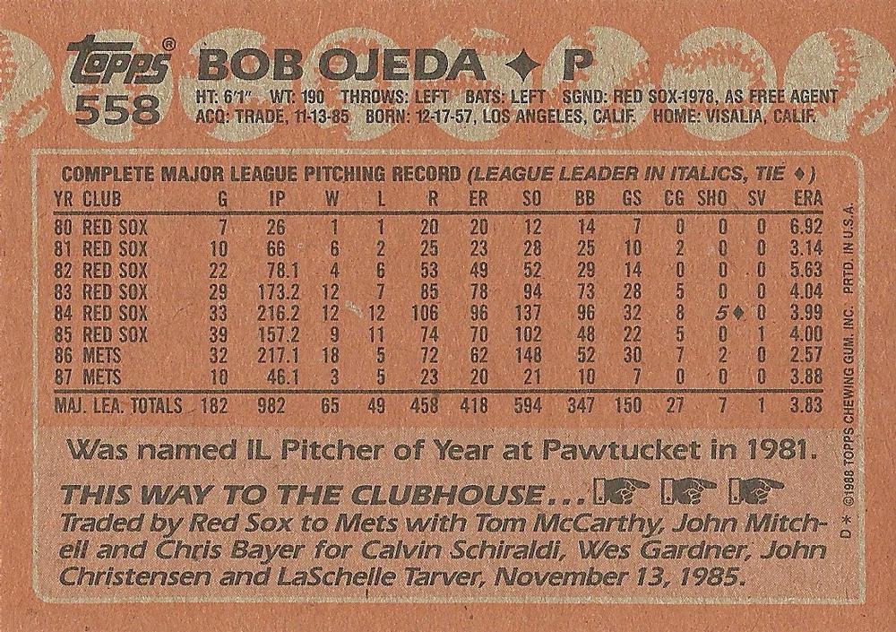 Bob Ojeda  baseball card collectible - Main Image 2