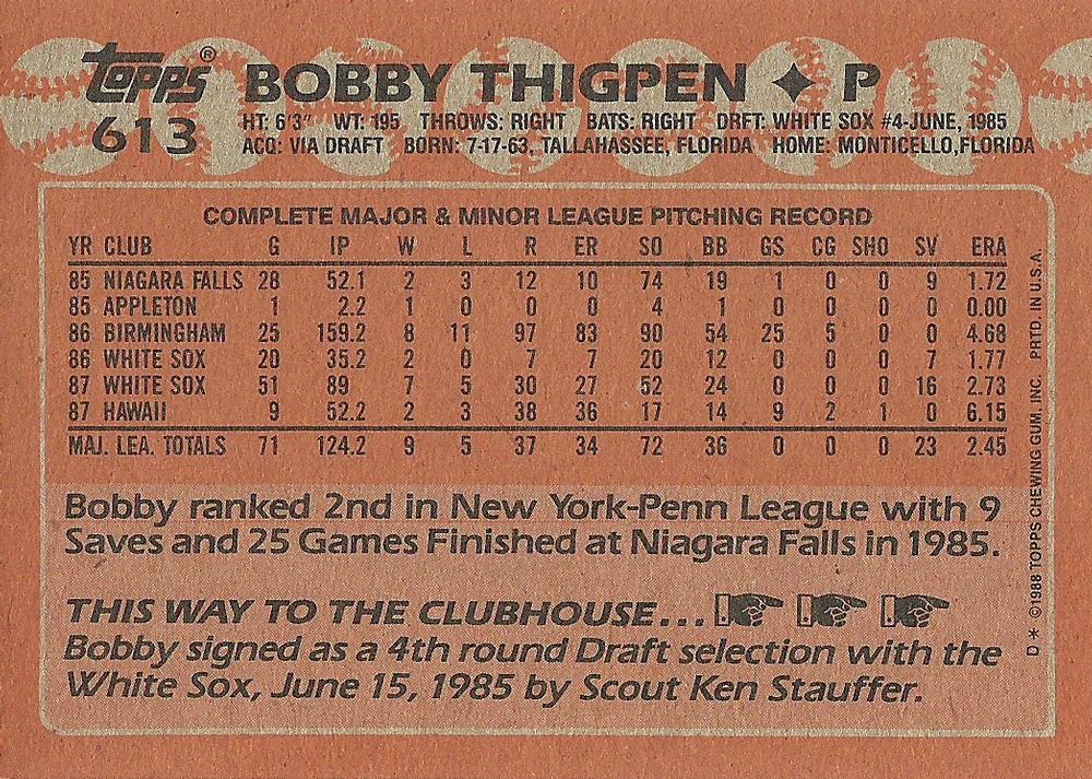Bobby Thigpen  baseball card collectible - Main Image 2