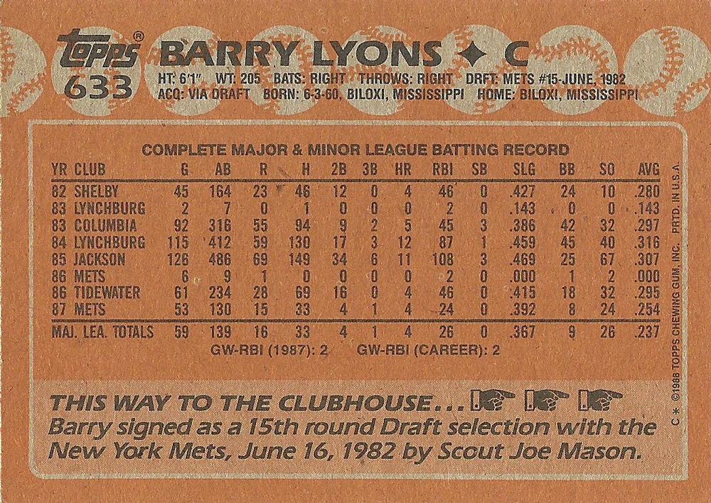 Barry Lyons  baseball card collectible - Main Image 2