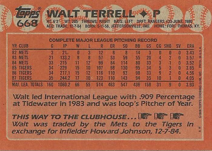 Walt Terrell  baseball card collectible - Main Image 2