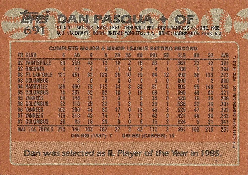 Dan Pasqua  baseball card collectible - Main Image 2