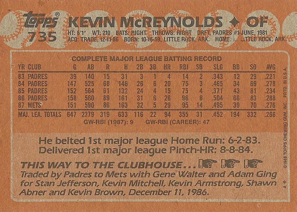 Kevin McReynolds  baseball card collectible - Main Image 2