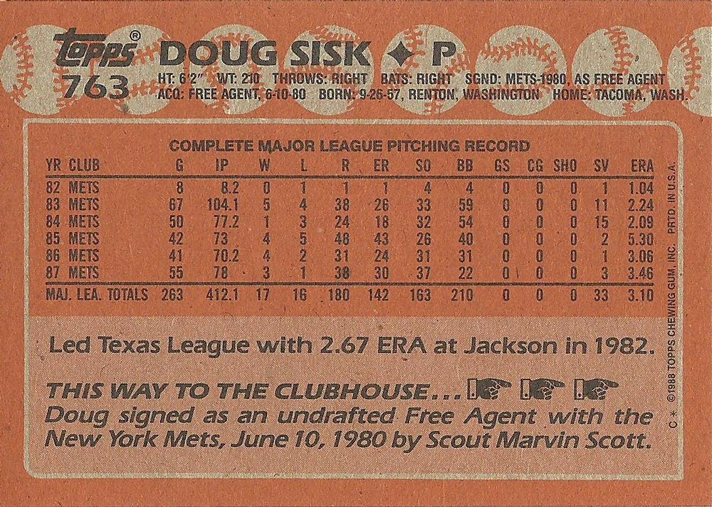 Doug Sisk  baseball card collectible - Main Image 2