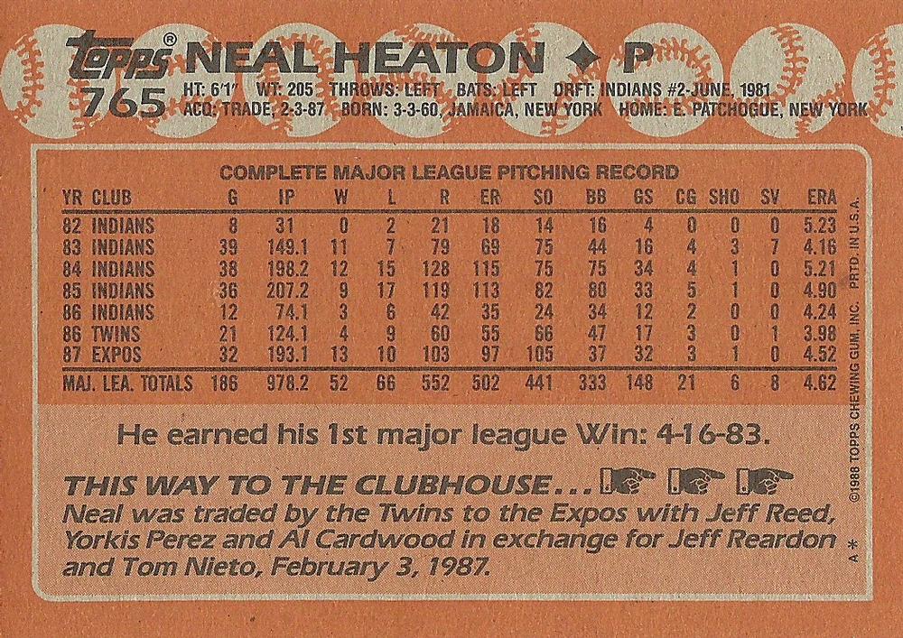 Neal Heaton  baseball card collectible - Main Image 2