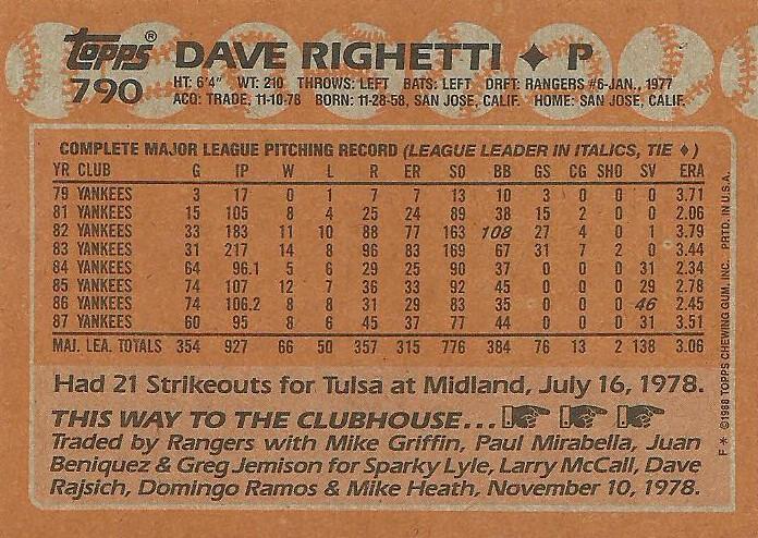 Dave Righetti  baseball card collectible - Main Image 2