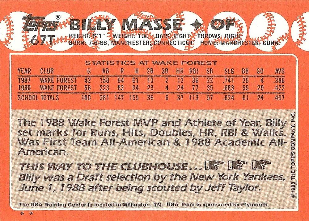 Billy Masse  baseball card collectible - Main Image 2
