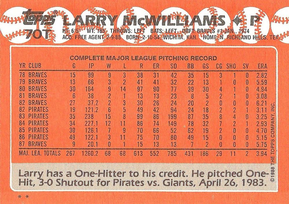 Larry McWilliams  baseball card collectible - Main Image 2