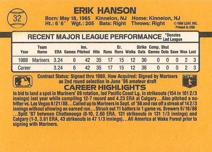 Erik Hanson  baseball card collectible - Main Image 2