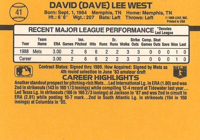 Dave West  baseball card collectible - Main Image 2