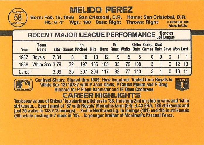 Melido Perez  baseball card collectible - Main Image 2