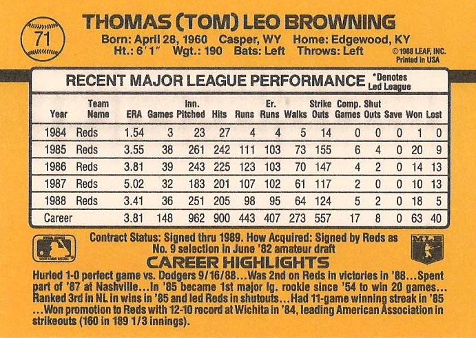 Tom Browning  baseball card collectible - Main Image 2