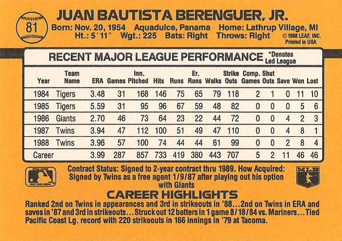 Juan Berenguer  baseball card collectible - Main Image 2