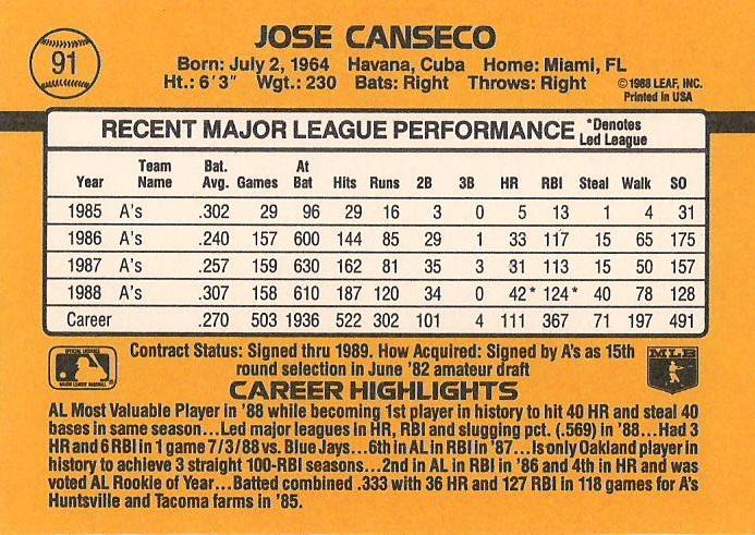 Jose Canseco  baseball card collectible - Main Image 2