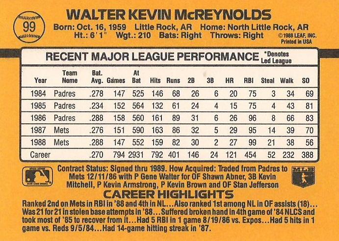 Kevin McReynolds  baseball card collectible - Main Image 2