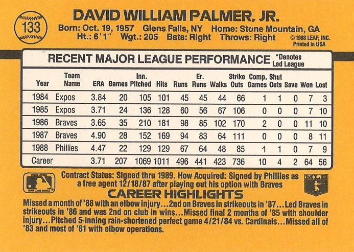 David Palmer  baseball card collectible - Main Image 2