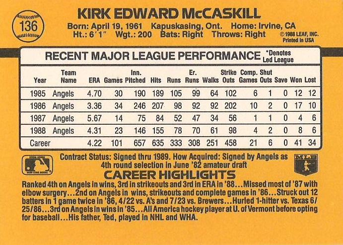 Kirk McCaskill  baseball card collectible - Main Image 2