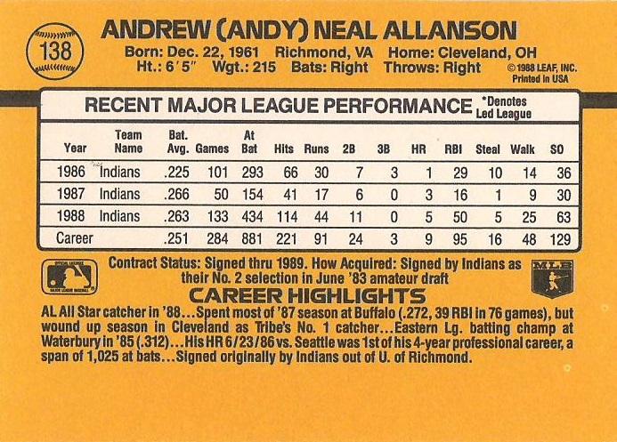 Andy Allanson  baseball card collectible - Main Image 2