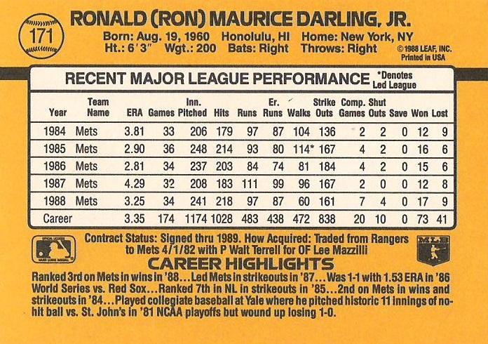 Ron Darling  baseball card collectible - Main Image 2