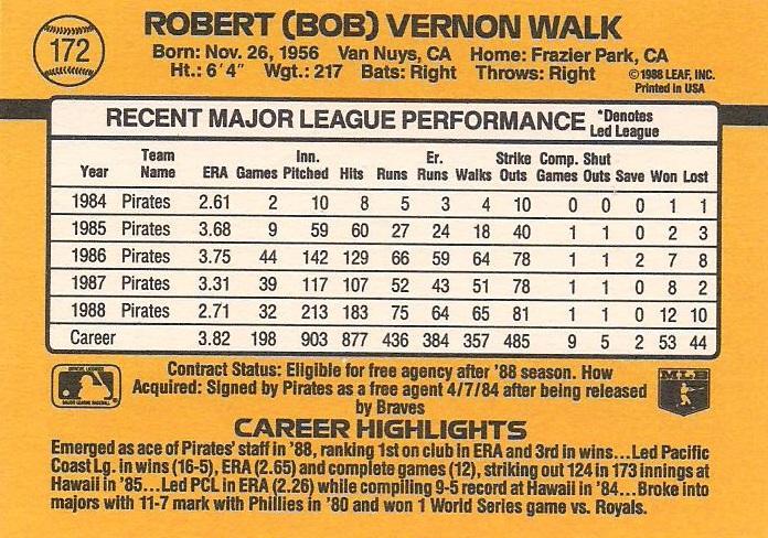 Bob Walk  baseball card collectible - Main Image 2