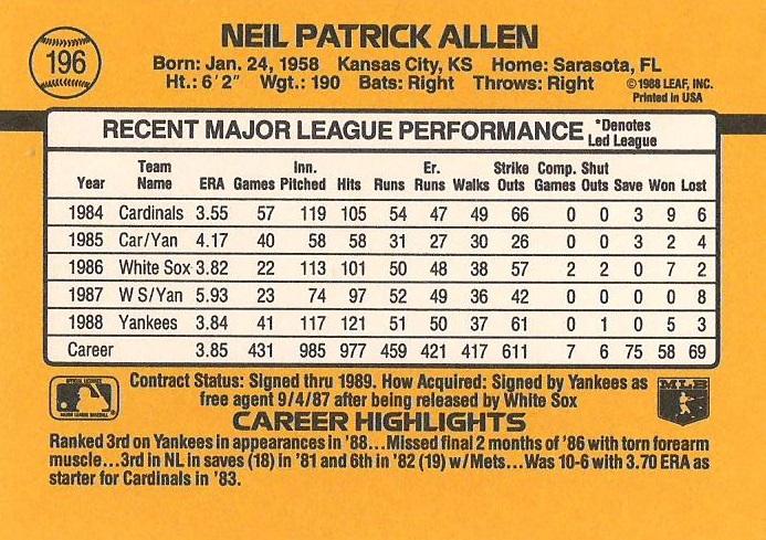 Neil Allen  baseball card collectible - Main Image 2