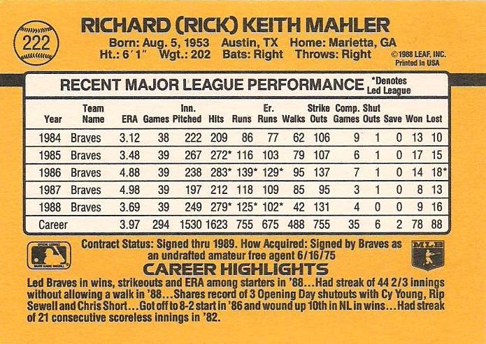 Rick Mahler  baseball card collectible - Main Image 2