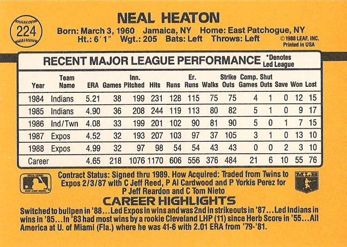 Neal Heaton  baseball card collectible - Main Image 2