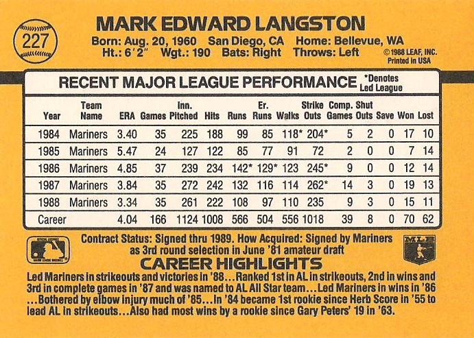 Mark Langston  baseball card collectible - Main Image 2