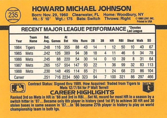 Howard Johnson  baseball card collectible - Main Image 2