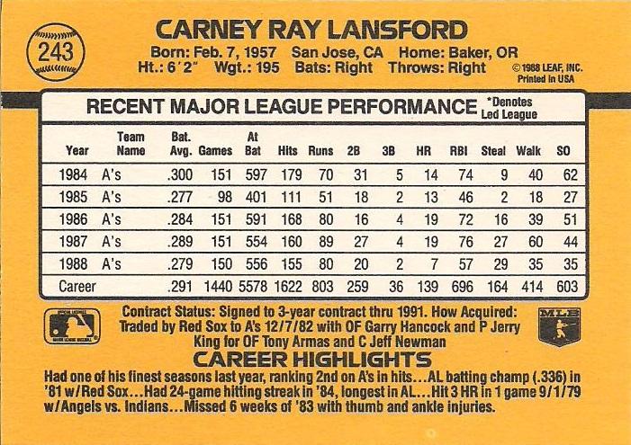 Carney Lansford  baseball card collectible - Main Image 2