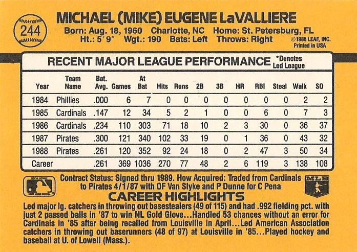 Mike LaValliere  baseball card collectible - Main Image 2
