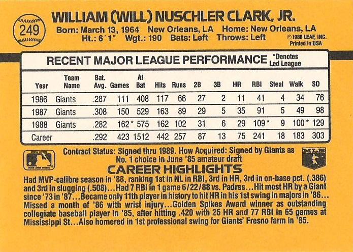 Will Clark  baseball card collectible - Main Image 2